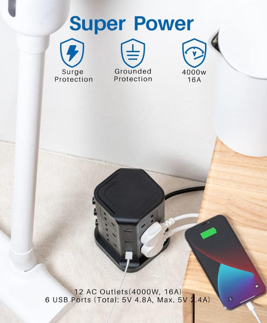 Tower Extension Lead by KOOSLA, [13A 3250W] Surge Protector - 12 AC Outlets & 6 USB Ports Multi Plug Socket Power Strip with Heavy
