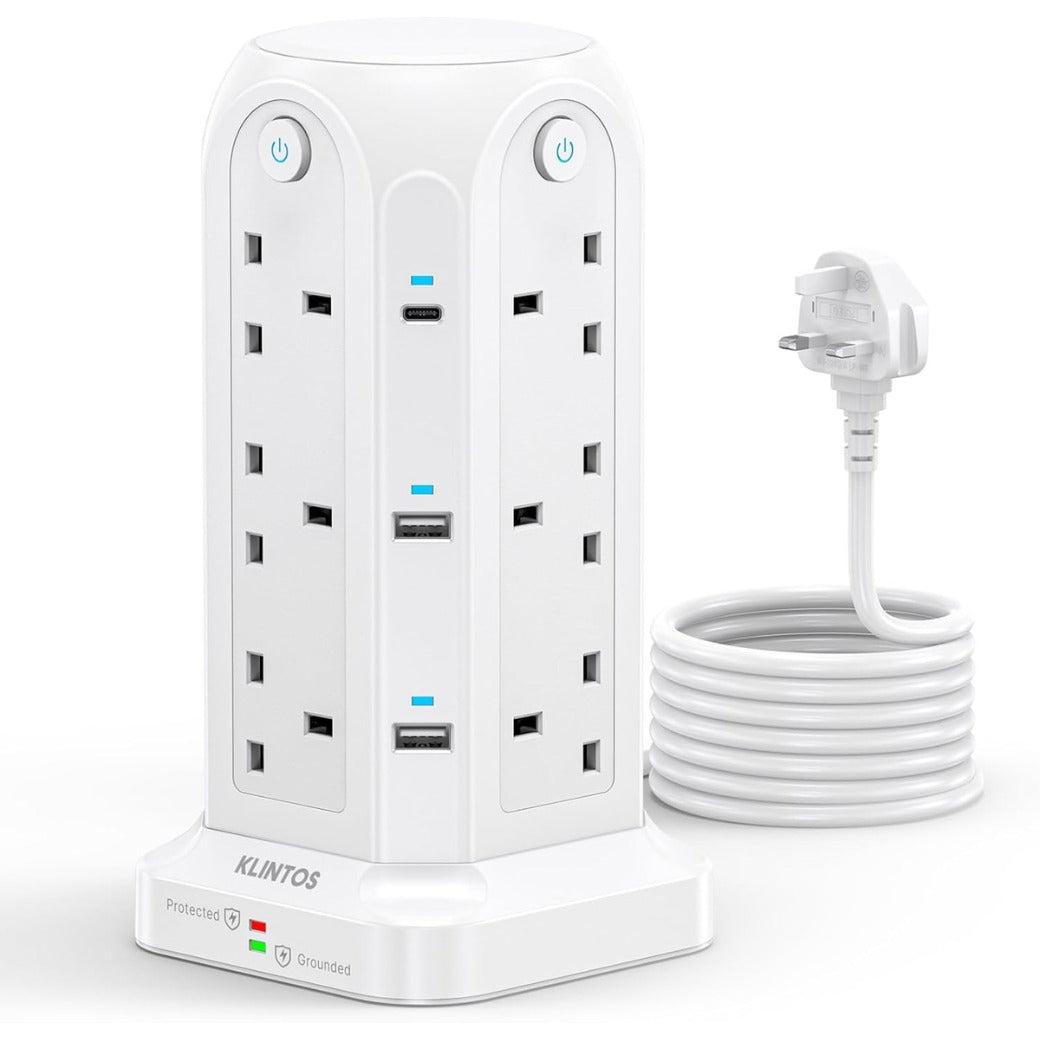 Tower Extension Lead with USB Slots【2 USB C & 4 USB A】, 1400J Surge Protected Extension Lead with Individual Switches