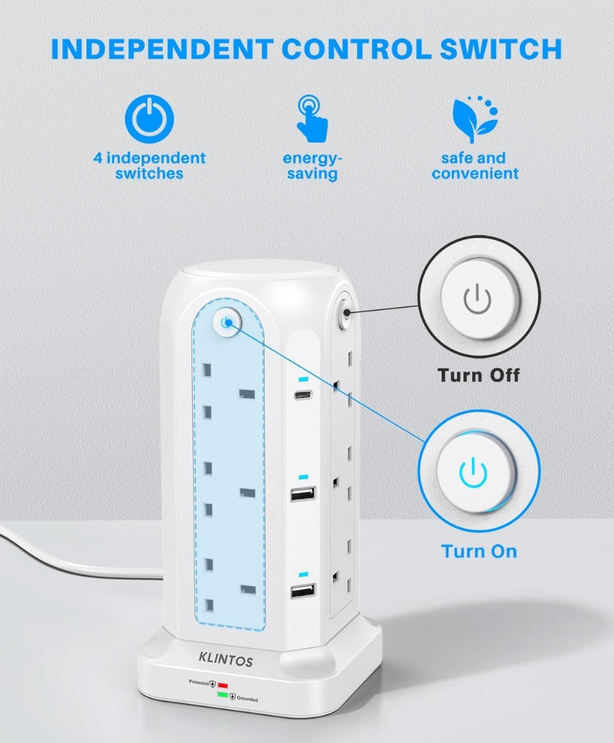 Tower Extension Lead with USB Slots【2 USB C & 4 USB A】, 1400J Surge Protected Extension Lead with Individual Switches