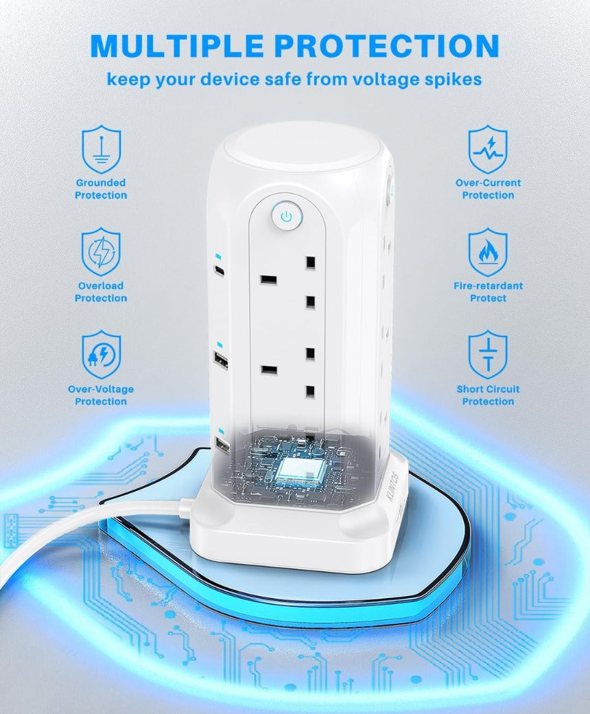 Tower Extension Lead with USB Slots【2 USB C & 4 USB A】, 1400J Surge Protected Extension Lead with Individual Switches