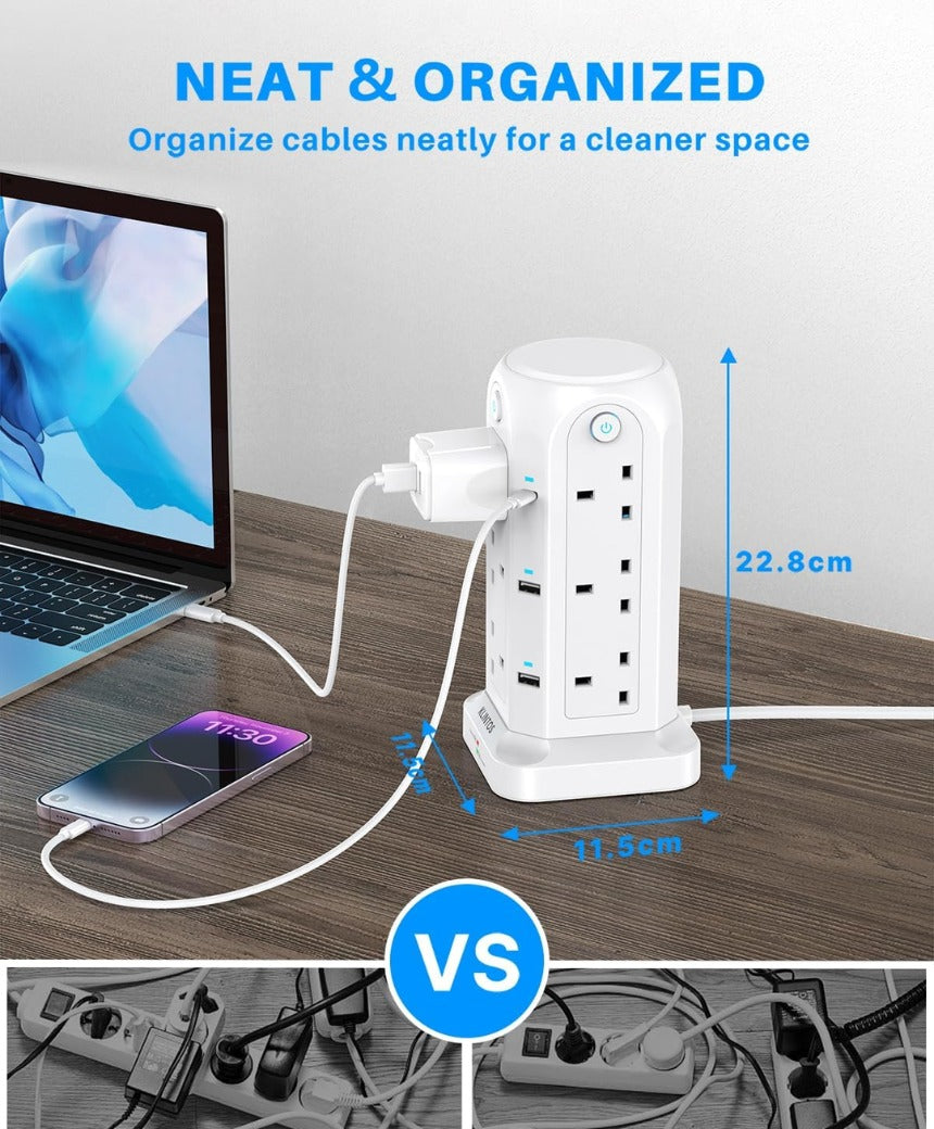 Tower Extension Lead with USB Slots【2 USB C & 4 USB A】, 1400J Surge Protected Extension Lead with Individual Switches