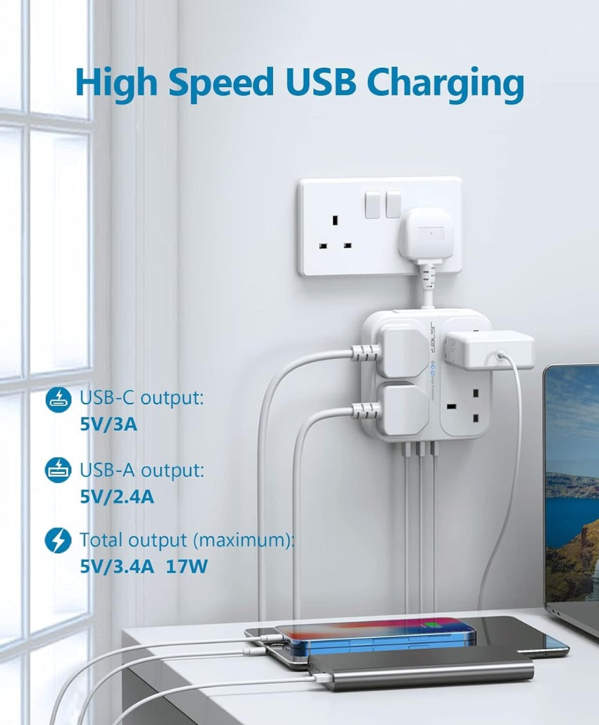 Plug Extension USB,Extension Lead with 4 USB Slots(3 USBA+1 USB C) Power Socket with 4 Way 4 USB Charging Station(17W) Power Strip Surge Protection for Home Travel,