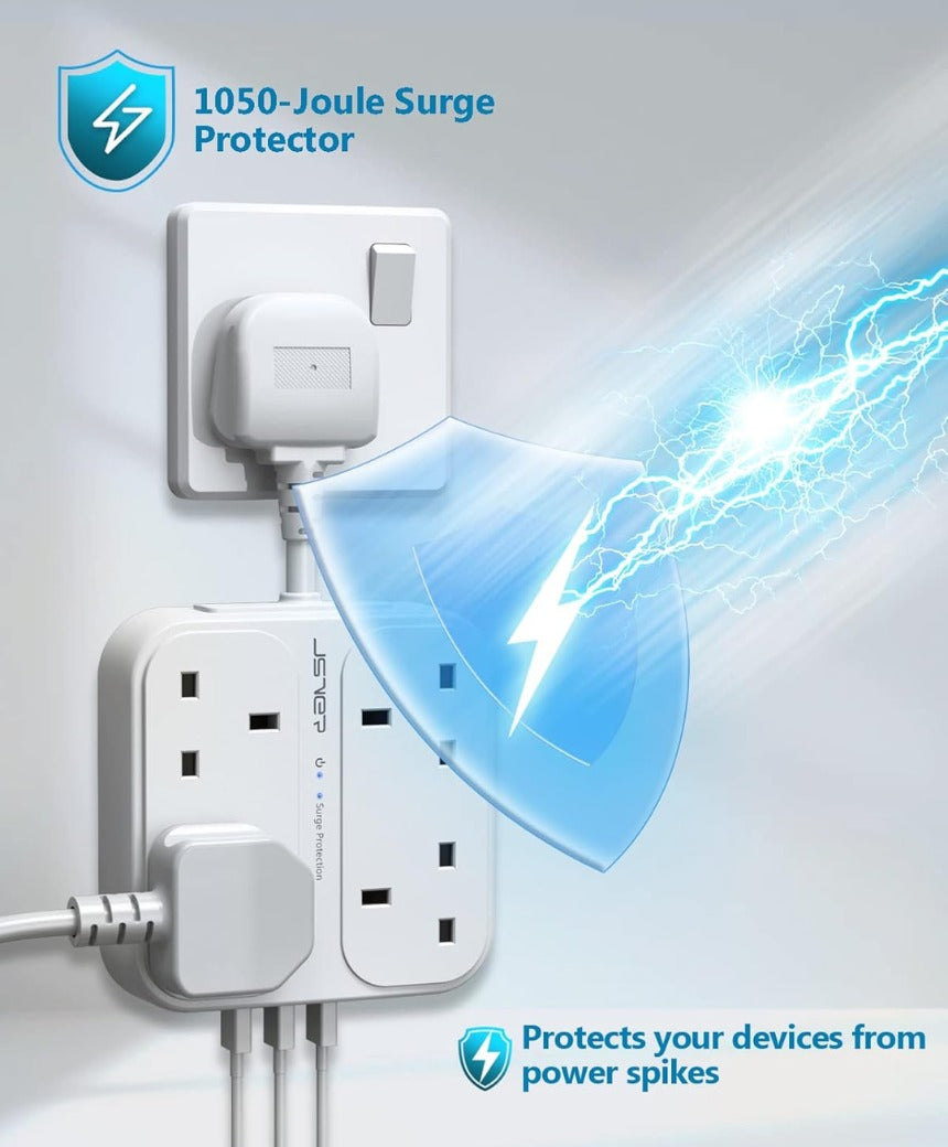 Plug Extension USB,Extension Lead with 4 USB Slots(3 USBA+1 USB C) Power Socket with 4 Way 4 USB Charging Station(17W) Power Strip Surge Protection for Home Travel,