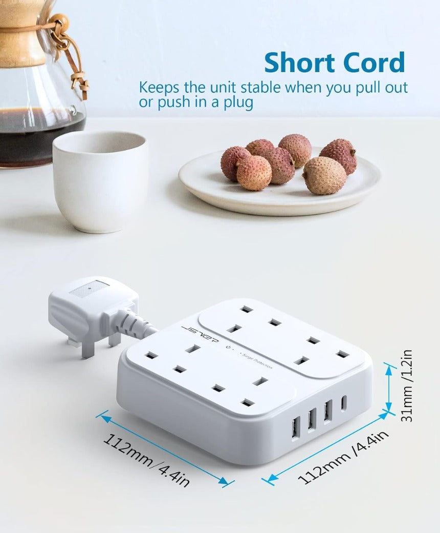 Plug Extension USB,Extension Lead with 4 USB Slots(3 USBA+1 USB C) Power Socket with 4 Way 4 USB Charging Station(17W) Power Strip Surge Protection for Home Travel,