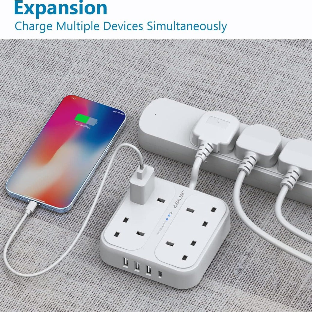 Plug Extension USB,Extension Lead with 4 USB Slots(3 USBA+1 USB C) Power Socket with 4 Way 4 USB Charging Station(17W) Power Strip Surge Protection for Home Travel,