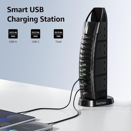 Tower Extension Lead with USB Slots 2M, 8 Way Outlets Multi Plug Extension Tower with 6 USB (2 Type C & 4 USB A Ports