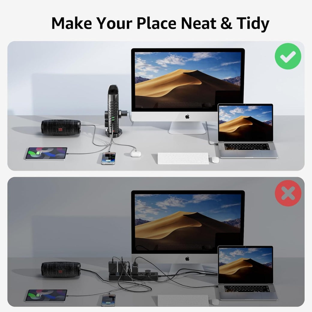 Tower Extension Lead with USB Slots 2M, 8 Way Outlets Multi Plug Extension Tower with 6 USB (2 Type C & 4 USB A Ports