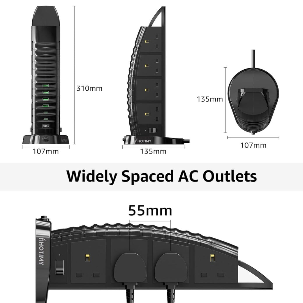 Tower Extension Lead with USB Slots 2M, 8 Way Outlets Multi Plug Extension Tower with 6 USB (2 Type C & 4 USB A Ports