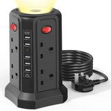 Tower Extension Lead with USB Slots and Night Light, (13A 3250W)5 USB Ports & 8 Way Socket Extension Tower,