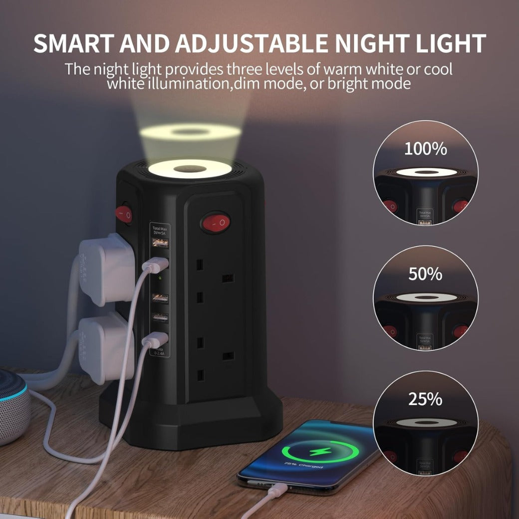 Tower Extension Lead with USB Slots and Night Light, (13A 3250W)5 USB Ports & 8 Way Socket Extension Tower,