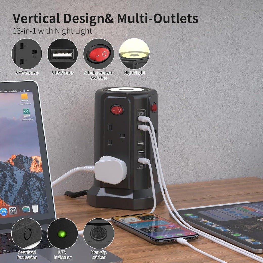 Tower Extension Lead with USB Slots and Night Light, (13A 3250W)5 USB Ports & 8 Way Socket Extension Tower,