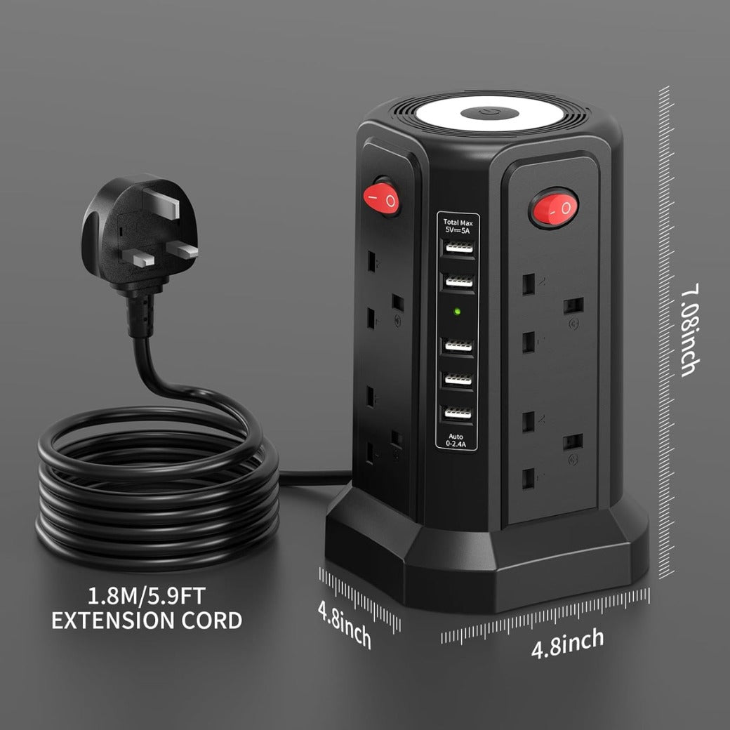 Tower Extension Lead with USB Slots and Night Light, (13A 3250W)5 USB Ports & 8 Way Socket Extension Tower,