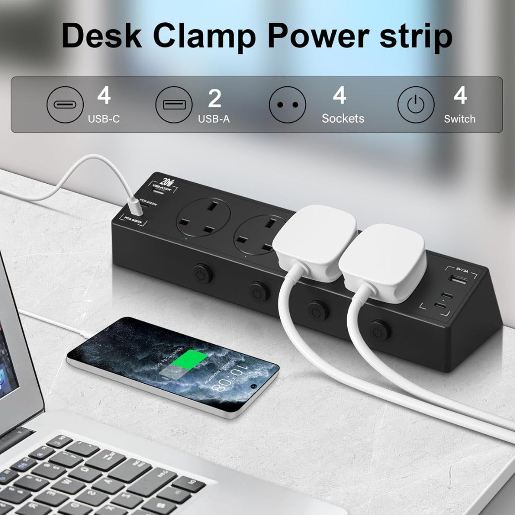 Desk Power Socket USB C 20W, 4 Way Desktop Socket Individually Switchable with 4 USB C and 2 USB A,