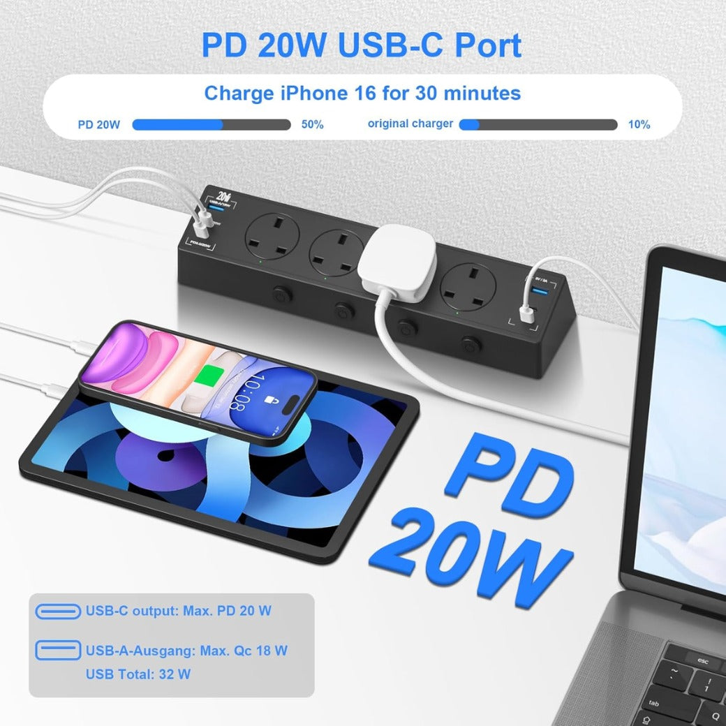 Desk Power Socket USB C 20W, 4 Way Desktop Socket Individually Switchable with 4 USB C and 2 USB A,
