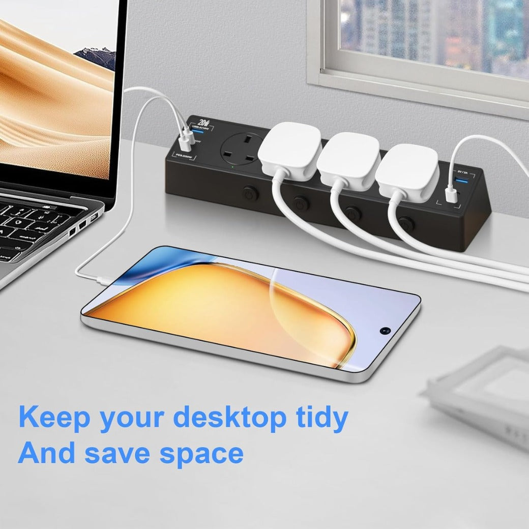 Desk Power Socket USB C 20W, 4 Way Desktop Socket Individually Switchable with 4 USB C and 2 USB A,