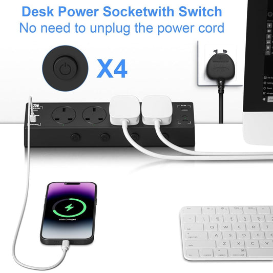 Desk Power Socket USB C 20W, 4 Way Desktop Socket Individually Switchable with 4 USB C and 2 USB A,