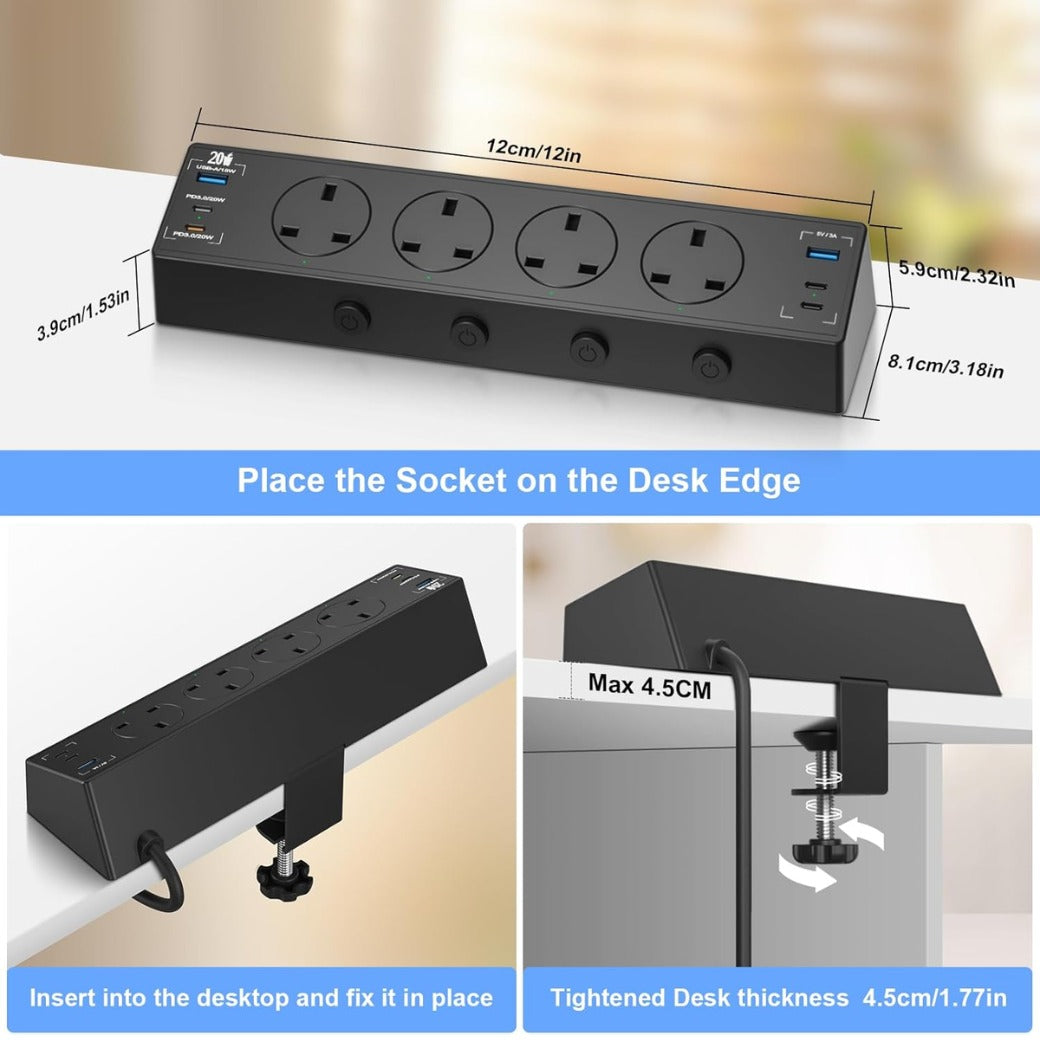 Desk Power Socket USB C 20W, 4 Way Desktop Socket Individually Switchable with 4 USB C and 2 USB A,