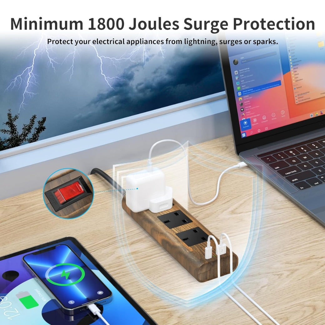 Wood Grain 3 Way Extension Lead with USB Slots, Surge Protection, ON/OFF Switch, 13A/3250W, Extension Cable 2M for Home Kitchen Office