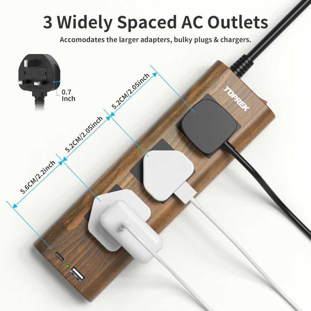 Wood Grain 3 Way Extension Lead with USB Slots, Surge Protection, ON/OFF Switch, 13A/3250W, Extension Cable 2M for Home Kitchen Office