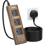 Wood Grain 3 Way Extension Lead with USB Slots, Surge Protection, ON/OFF Switch, 13A/3250W, Extension Cable 2M for Home Kitchen Office