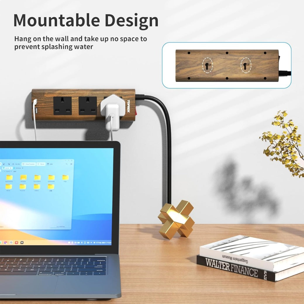 Wood Grain 3 Way Extension Lead with USB Slots, Surge Protection, ON/OFF Switch, 13A/3250W, Extension Cable 2M for Home Kitchen Office