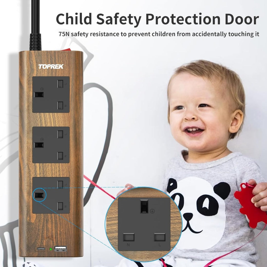 Wood Grain 3 Way Extension Lead with USB Slots, Surge Protection, ON/OFF Switch, 13A/3250W, Extension Cable 2M for Home Kitchen Office
