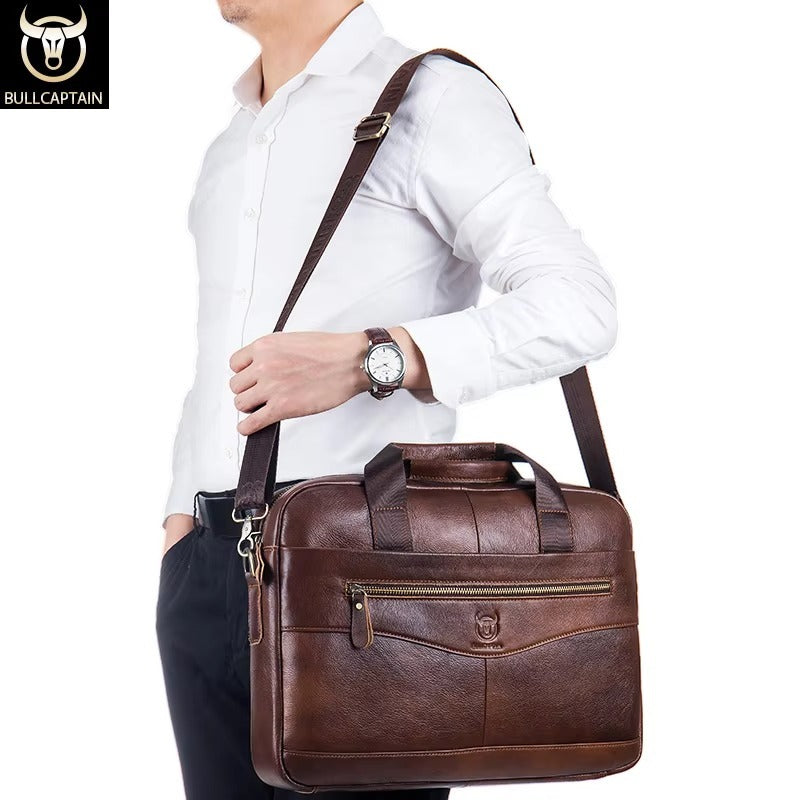 BULLCAPTAIN Briefcase Shoulder Messenger Bags Men's Genuine Leather 14-inch Laptop Bag's Men's Briefcase Office Business Handb