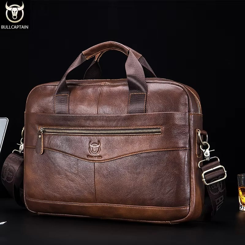 BULLCAPTAIN Briefcase Shoulder Messenger Bags Men's Genuine Leather 14-inch Laptop Bag's Men's Briefcase Office Business Handb