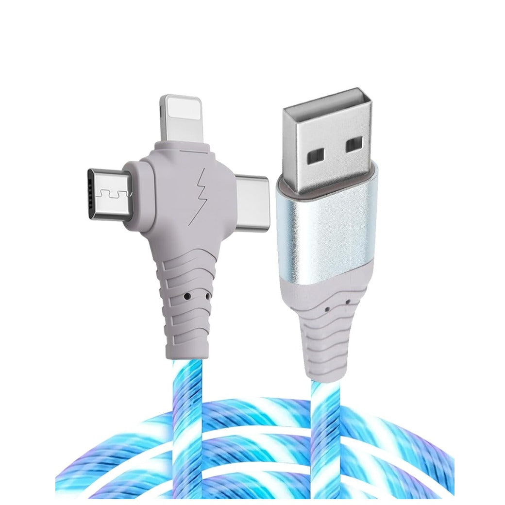 3In1 2M/6.6Ft Light up USB C Charger Cable, Type C Long Cable 3A Fast Charging Data Transfer Android Auto USB A to C for iPhone Pro Max iPad Series Samsung Galaxy S20/S10/S23 Huawei Pixel Switch Blue