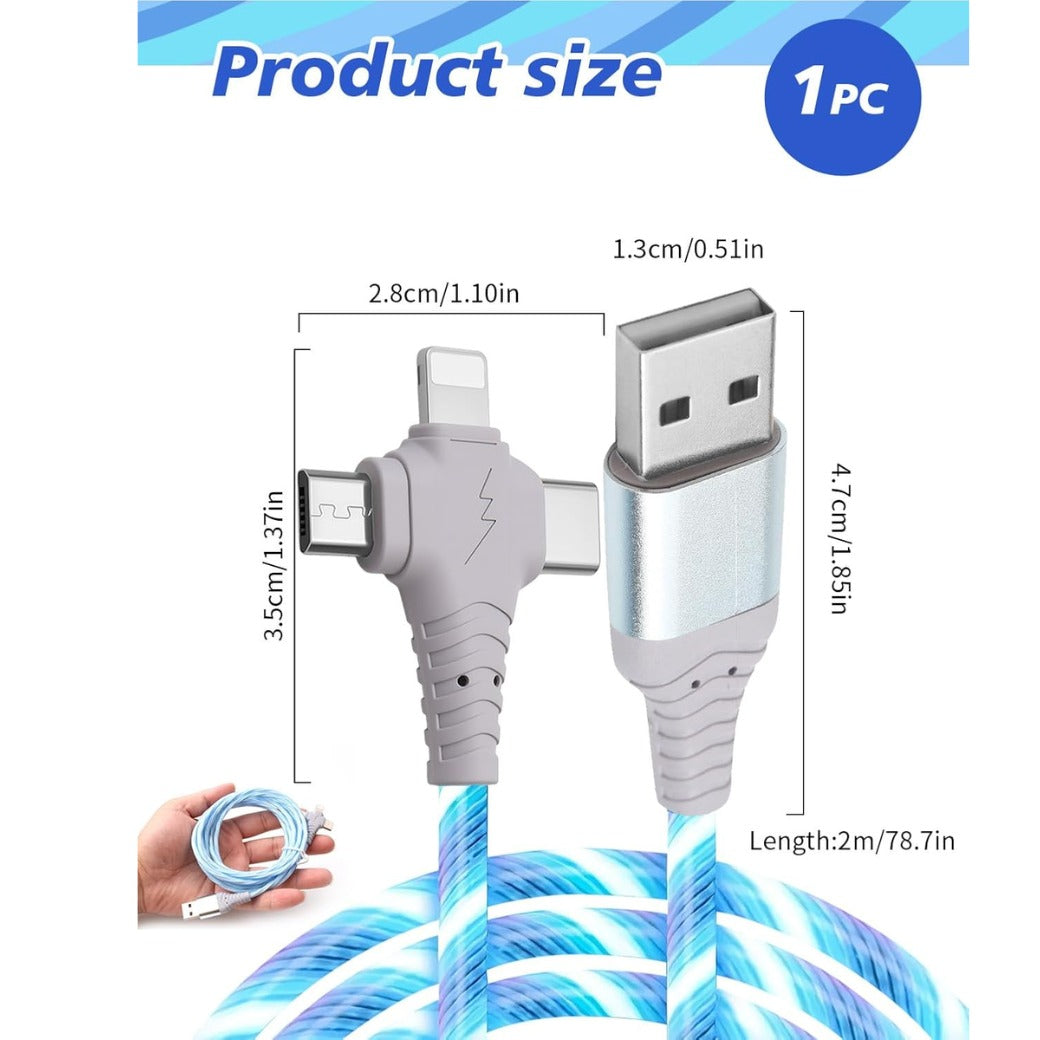 3In1 2M/6.6Ft Light up USB C Charger Cable, Type C Long Cable 3A Fast Charging Data Transfer Android Auto USB A to C for iPhone Pro Max iPad Series Samsung Galaxy S20/S10/S23 Huawei Pixel Switch Blue