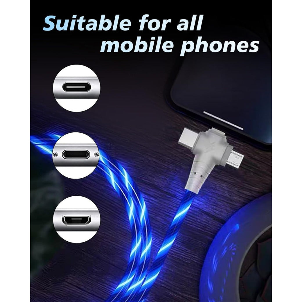 3In1 2M/6.6Ft Light up USB C Charger Cable, Type C Long Cable 3A Fast Charging Data Transfer Android Auto USB A to C for iPhone Pro Max iPad Series Samsung Galaxy S20/S10/S23 Huawei Pixel Switch Blue
