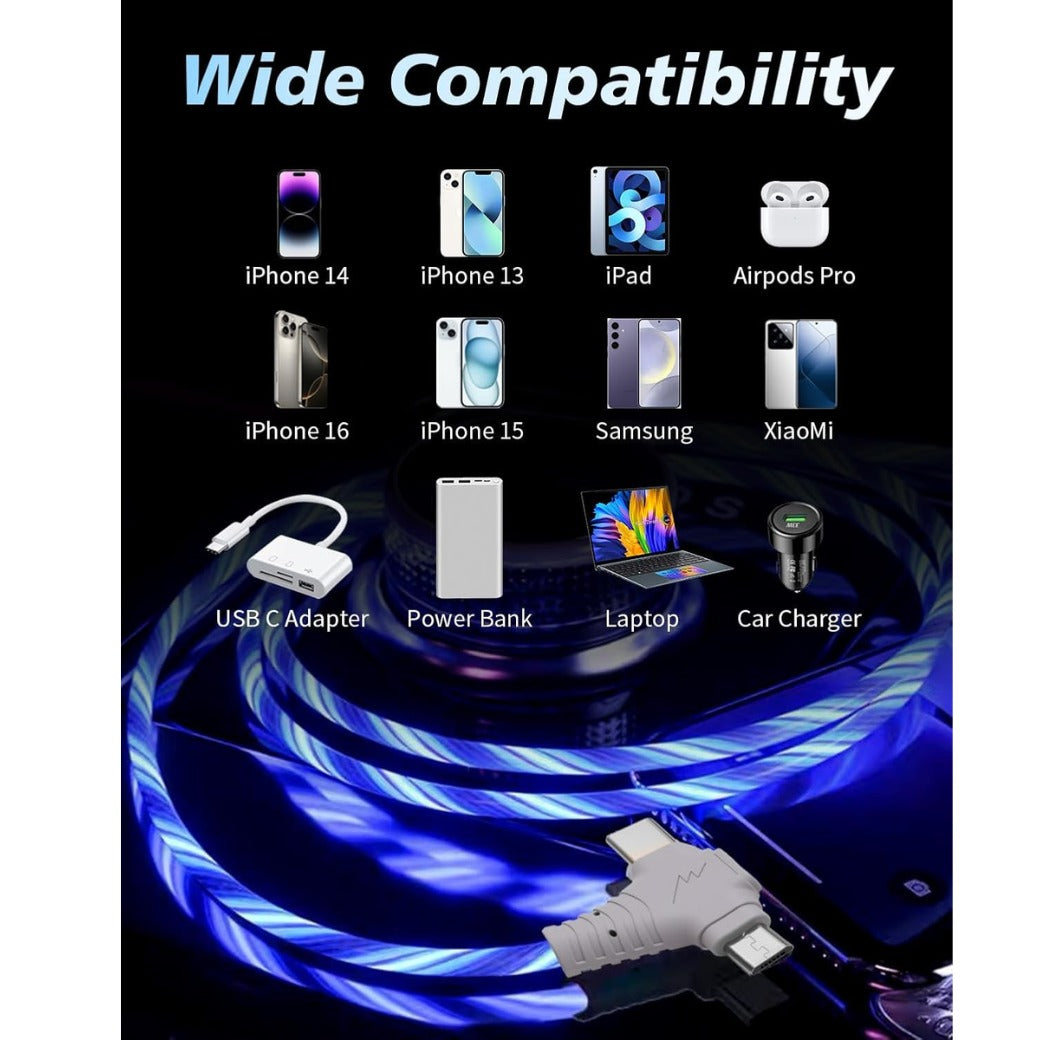 3In1 2M/6.6Ft Light up USB C Charger Cable, Type C Long Cable 3A Fast Charging Data Transfer Android Auto USB A to C for iPhone Pro Max iPad Series Samsung Galaxy S20/S10/S23 Huawei Pixel Switch Blue