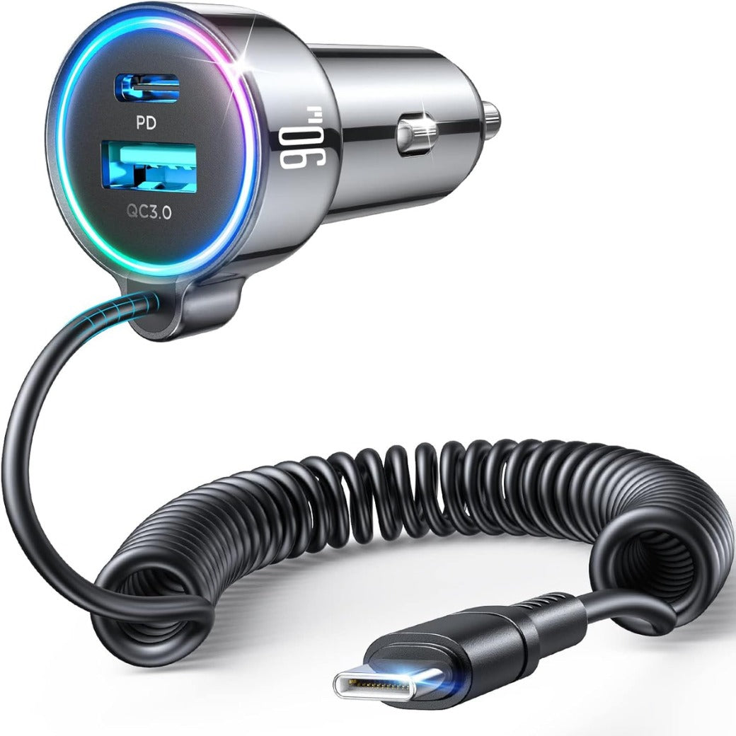 Upgrade 90W USB C Car Charger, Super Fast Car Charger PD&QC3.0 &PPS with 5FT 45W Type C Coiled Cable, 3 Fast Port Cigarette Lighter USB for iPhone 17/16/15/ Samsung S25/S24/iPad Pro All Phones