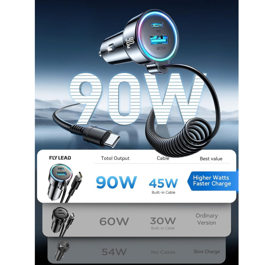 Upgrade 90W USB C Car Charger, Super Fast Car Charger PD&QC3.0 &PPS with 5FT 45W Type C Coiled Cable, 3 Fast Port Cigarette Lighter USB for iPhone 17/16/15/ Samsung S25/S24/iPad Pro All Phones