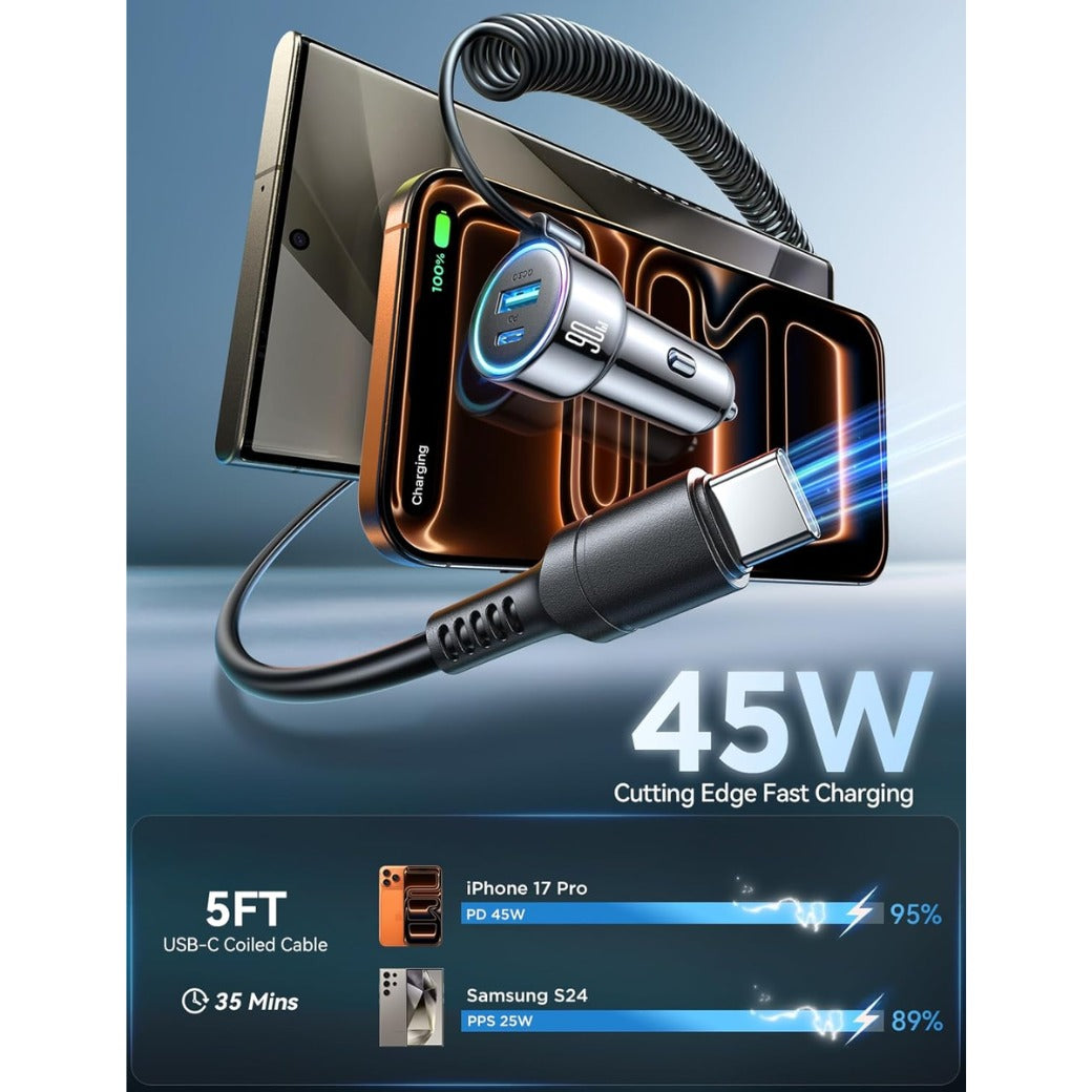 Upgrade 90W USB C Car Charger, Super Fast Car Charger PD&QC3.0 &PPS with 5FT 45W Type C Coiled Cable, 3 Fast Port Cigarette Lighter USB for iPhone 17/16/15/ Samsung S25/S24/iPad Pro All Phones