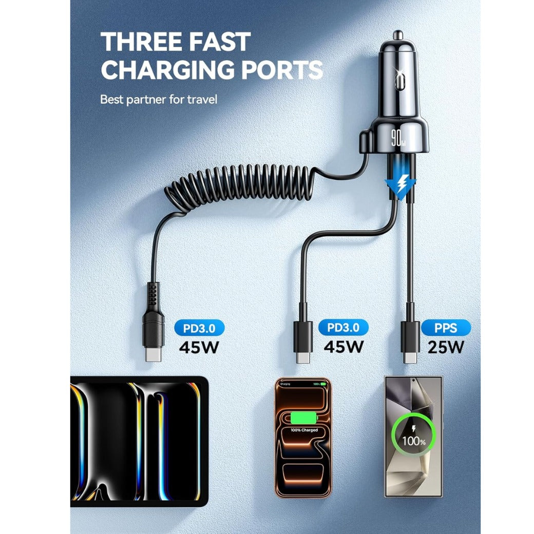 Upgrade 90W USB C Car Charger, Super Fast Car Charger PD&QC3.0 &PPS with 5FT 45W Type C Coiled Cable, 3 Fast Port Cigarette Lighter USB for iPhone 17/16/15/ Samsung S25/S24/iPad Pro All Phones
