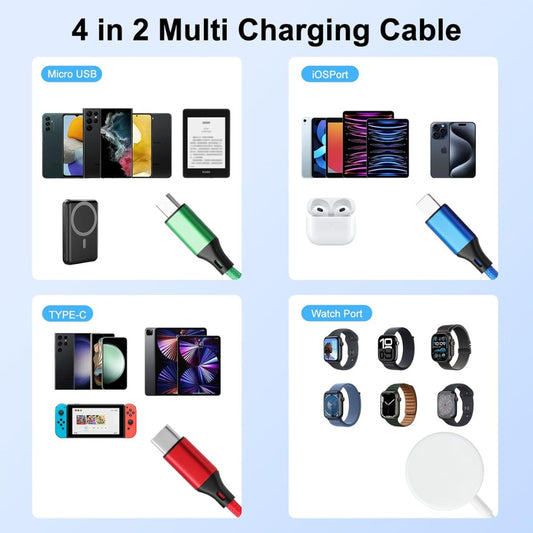 Multi Charger Cable for Apple Watch Charger/iPhone Charger, 4 in 2 Travel Essentials Cord for iWatch Ultra SE 11-1, iPhone 17-13, Android Phone,