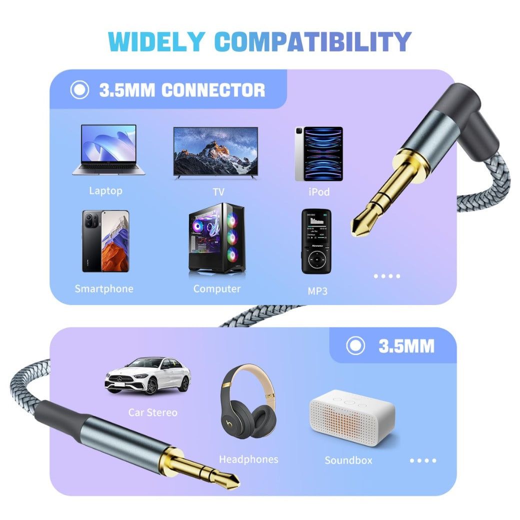 3.5mm to 3.5mm Aux Cable,1.2M Audio Aux Jack Adapter 90 Degree Nylon Braided Male to Male Auxiliary Cord Hi-Fi Lead Stereo Headphone Mini TRS Compatible with Car