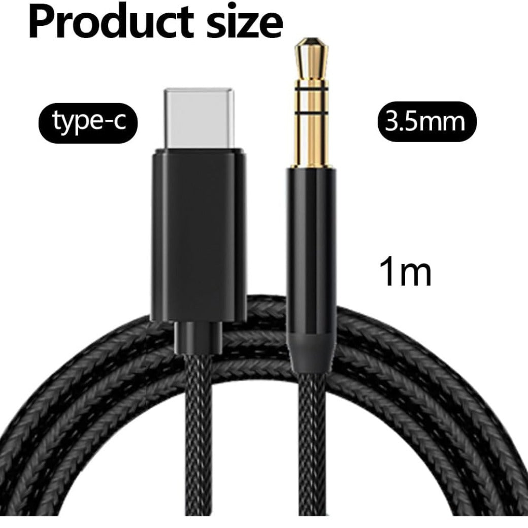 1M Nylon‑Braided USB‑C to 3.5 mm Stereo Audio Cable — Durable AUX Adapter for Ca