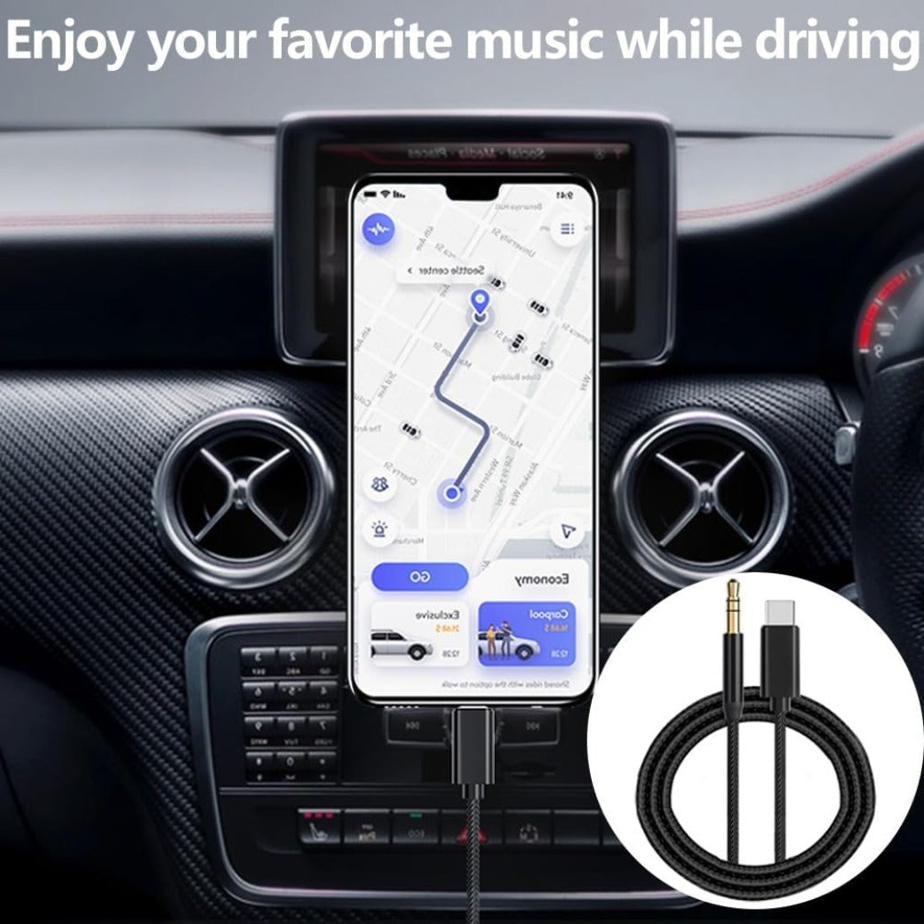 1M Nylon‑Braided USB‑C to 3.5 mm Stereo Audio Cable — Durable AUX Adapter for Ca