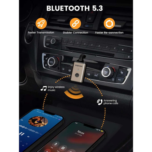 Aux Bluetooth 5.3 Receiver, Car Bluetooth Aux Adapter Rotatable 180° Wireless Audio for Car 3.5mm Jack Music Home Stereo Speaker Headphones (Handsfree Calls, 10H Battery Life