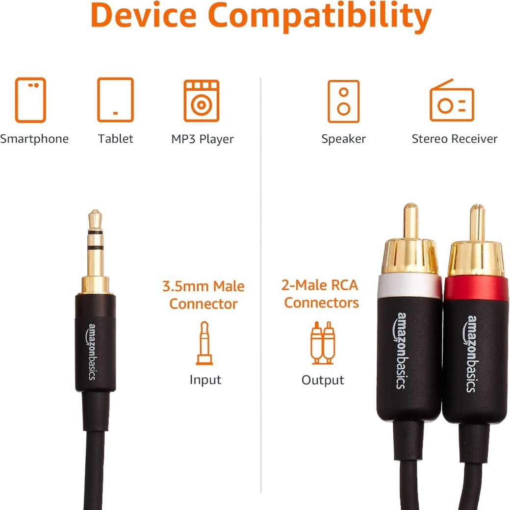 Amazon Basics 3.5 Aux to 2 x RCA Adapters, Audio Cable for Amplifiers, Active Speakers with Gold-Plated Plugs