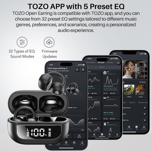 TOZO OpenEarRing Open Ear Headphones, Clip On Earphones, Lightweight Comfort, Wireless Open Ear Earbuds with Smart Digital Display, 40H Playtime, IPX5 Waterproof, Bluetooth 5.4, Custom EQ via App