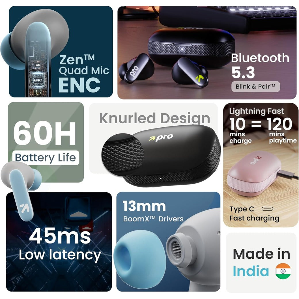 GOBOULT Z20 Pro Truly Wireless Bluetooth Ear Buds with 60 Hours Playtime, 4 Mics Clear Calling, 45ms Low Latency