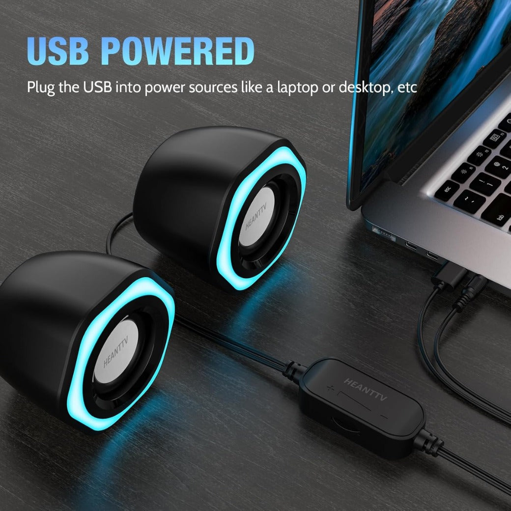 Computer Speaker, PC Speakers for Desktop Monitors, 2.0 Stereo Volume Control with LED Light, USB Powered & 3.5 mm jack, Perfect Multimedia Speakers for Monitors