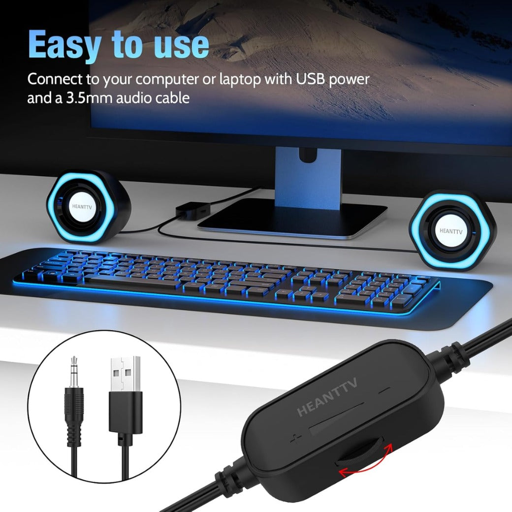 Computer Speaker, PC Speakers for Desktop Monitors, 2.0 Stereo Volume Control with LED Light, USB Powered & 3.5 mm jack, Perfect Multimedia Speakers for Monitors