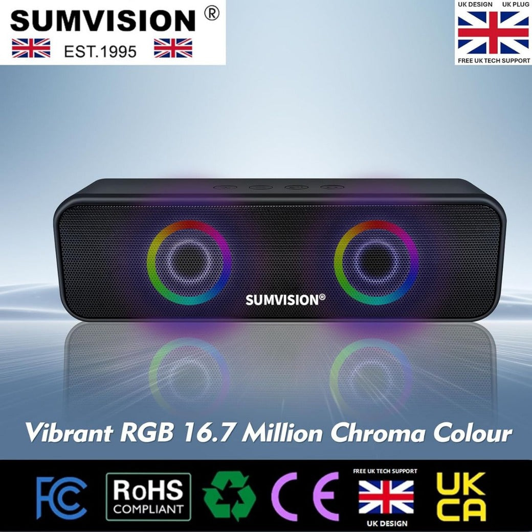 Sumvision Tekuno Portable Bluetooth Speaker True Wireless Stereo Speakers Chroma LED 24Hr 1200mAh Long Life Battery Bluetooth 5.3 USB C Fast Charge Enhance Bass Drop Protect UK Design UK Tech Support