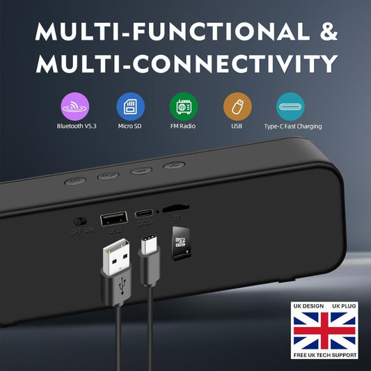 Sumvision Tekuno Portable Bluetooth Speaker True Wireless Stereo Speakers Chroma LED 24Hr 1200mAh Long Life Battery Bluetooth 5.3 USB C Fast Charge Enhance Bass Drop Protect UK Design UK Tech Support