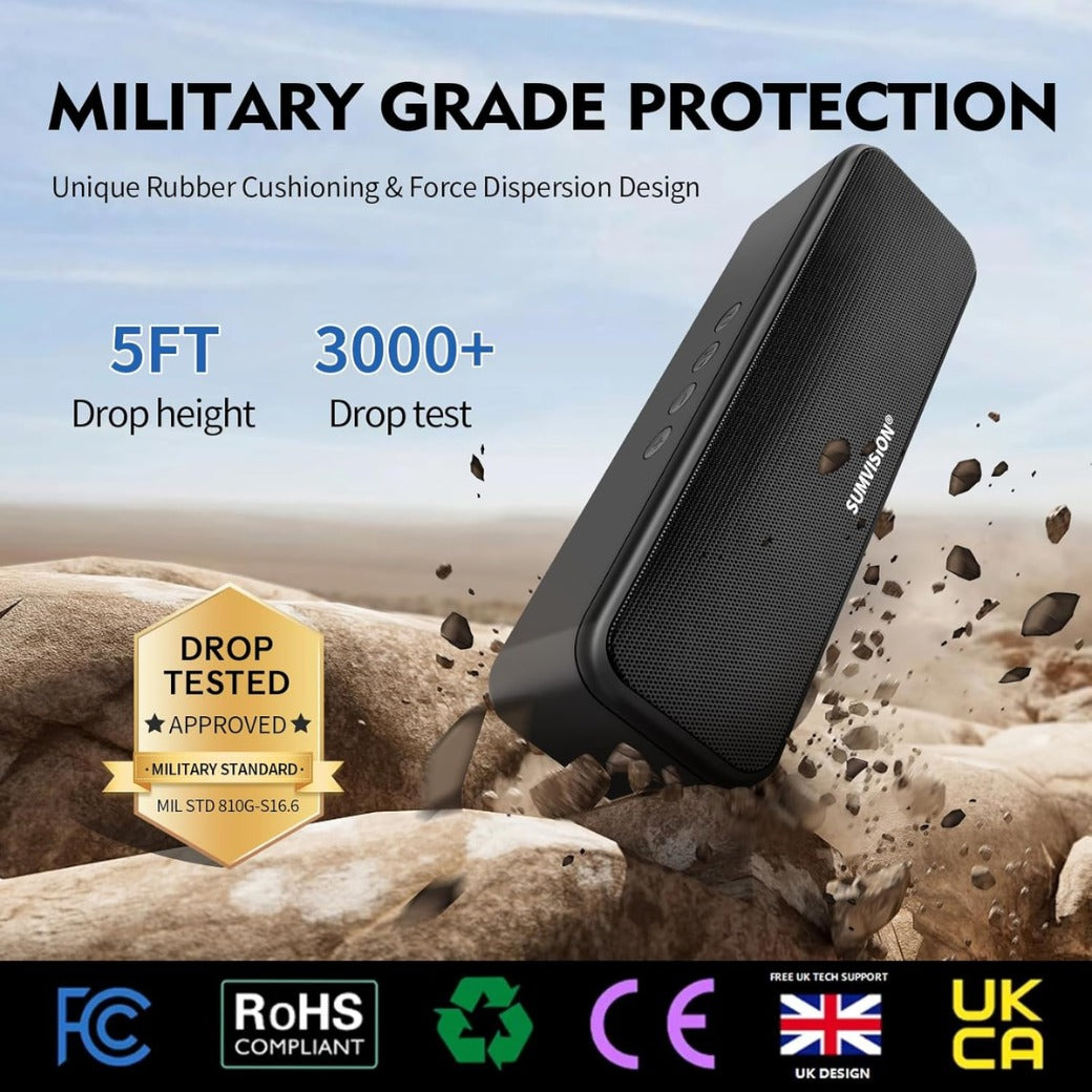 Sumvision Tekuno Portable Bluetooth Speaker True Wireless Stereo Speakers Chroma LED 24Hr 1200mAh Long Life Battery Bluetooth 5.3 USB C Fast Charge Enhance Bass Drop Protect UK Design UK Tech Support