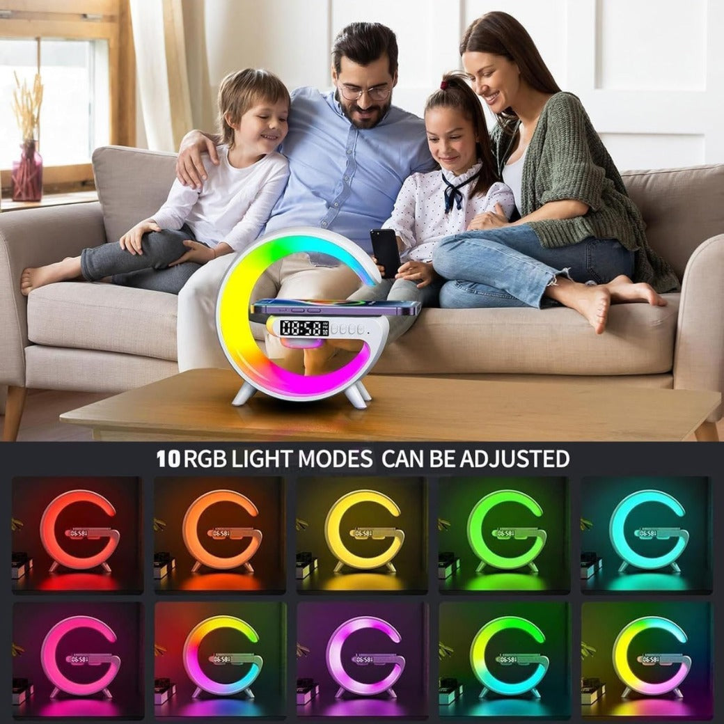 Wireless Speaker, G Shape Table Lamp,Atmosphere Night Light with Wireless Charging Function, Bedside Lamp with Alarm Clock & Charging Function,Gifts